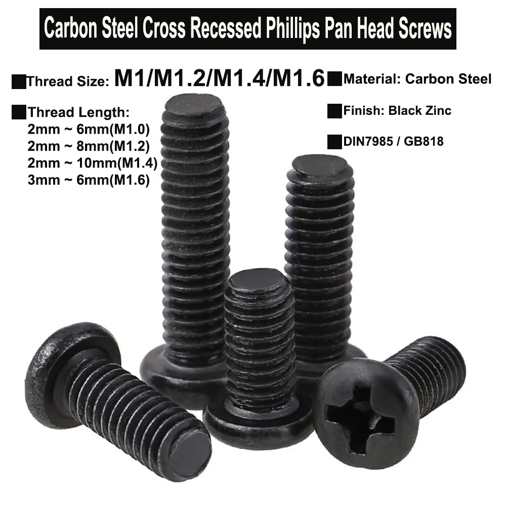 100Pcs M1 M1.2 M1.4 M1.6 Carbon Steel Cross Recessed Pan Head Phillips Screws Black Zinc Plated Electronic Tiny Screw DIN7985