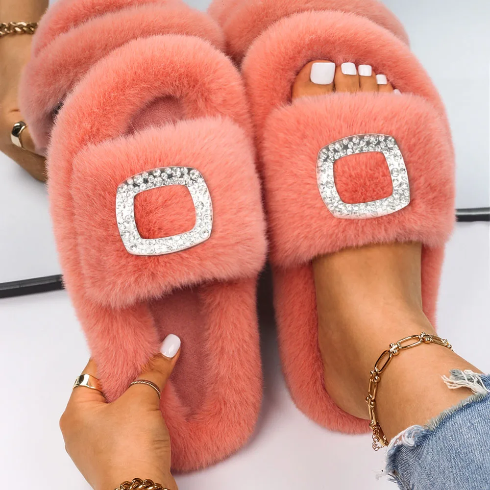 Women's Fur Slippers Fashion Rhinestone Square Buckle Furry Slides Designer Sandals Ladies Luxury Outdoor Slipper Platform Shoes