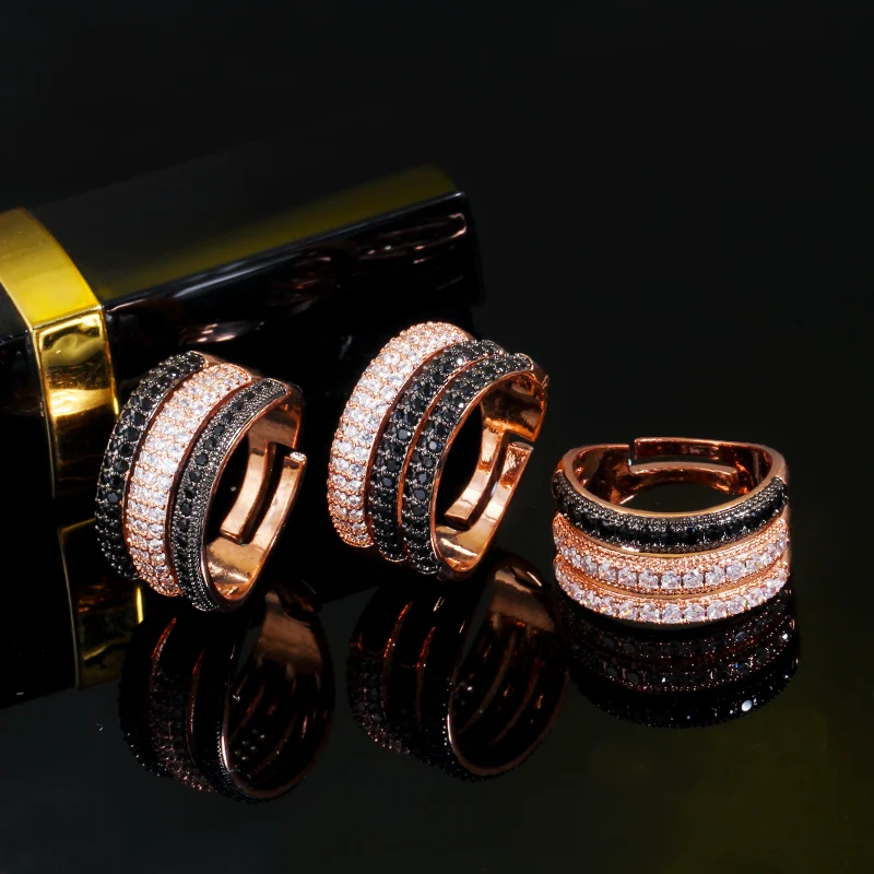 CWWZircons Adjustable Size 3 Layers Black White CZ Stone 585 Rose Gold Color Open Rings Female Wedding Engagement Jewelry R165 - Image 2