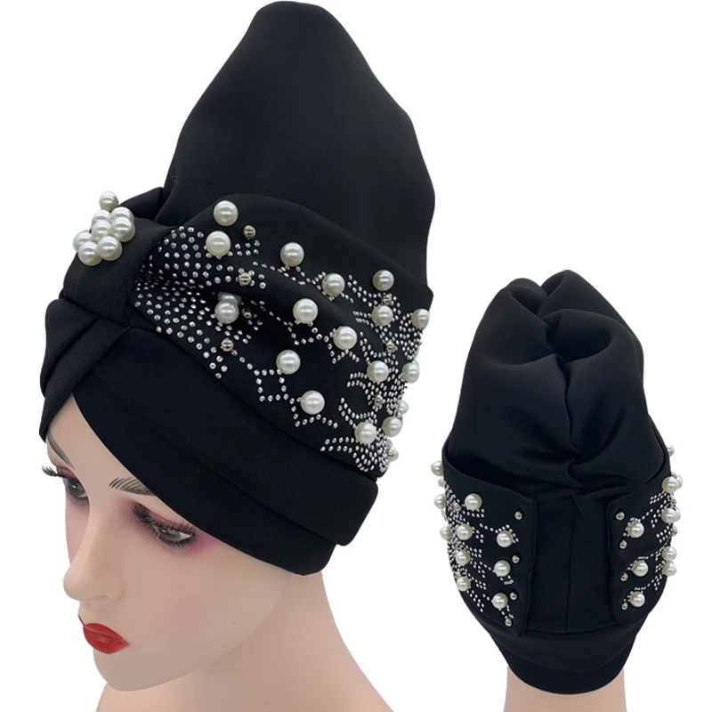 Latest Design African Auto Gele Headtie Muslim Turban Caps with Pearls Headwrap for Women Wedding Party Cap Headwear