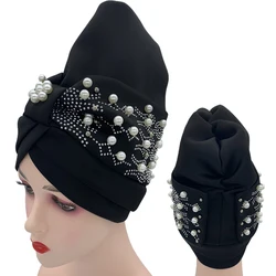 Najnowsza konstrukcja afryki Auto Gele Headtie Turban muzułmański czapki z perłami Headwrap dla kobiet ślub czapka imprezowa nakrycia głowy