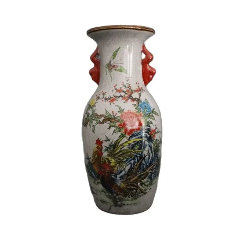 

Chinese Old Porcelain Crack Glazed Rooster Painting Binaural Vase