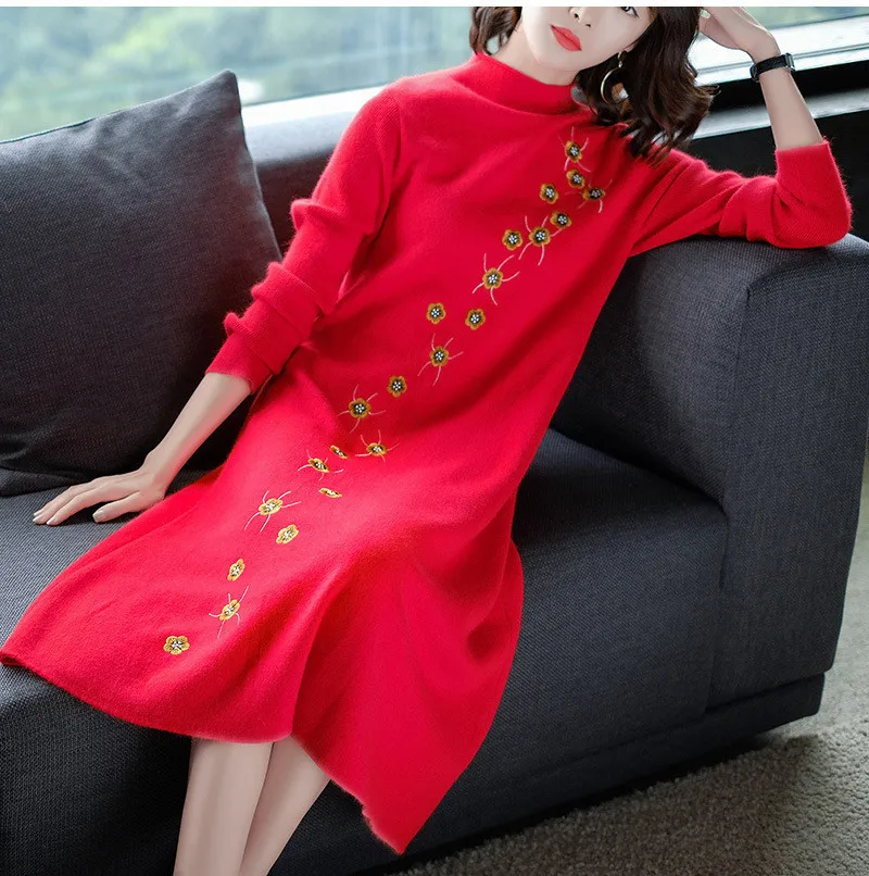 Fashion 2020 Robe Knitted Dress Women Autumn Winter Sweater Dresses Slim Turtleneck Red Embroidery Dress Vestidos WXF540