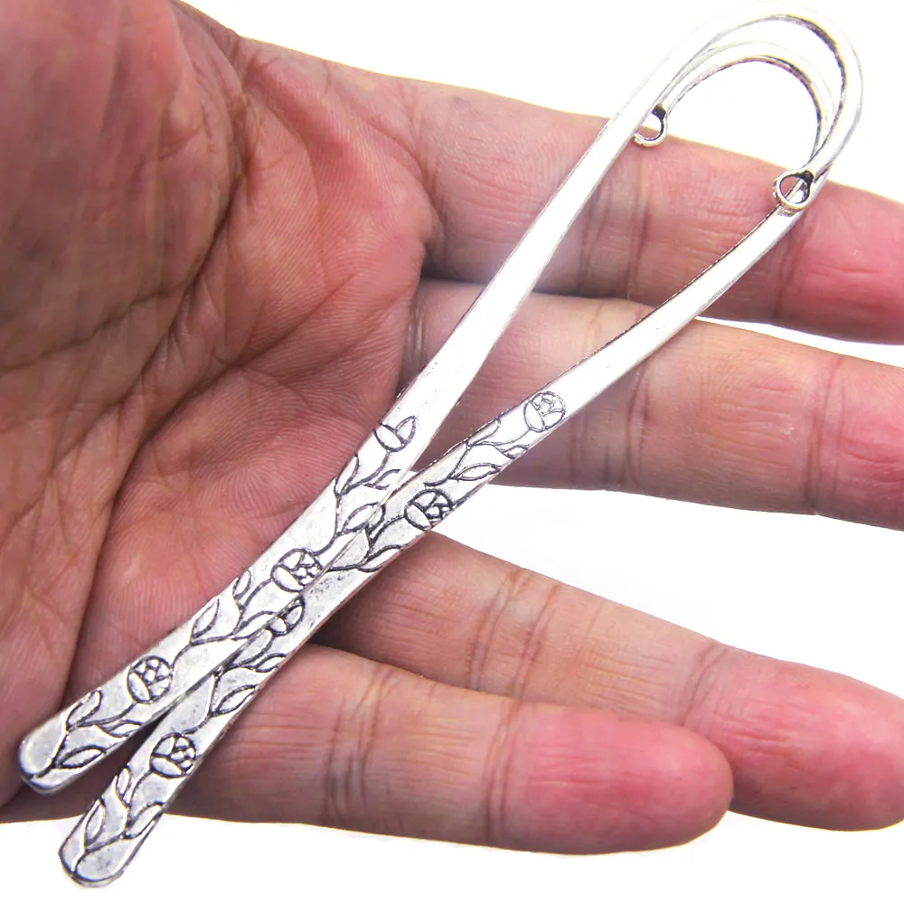 50Pcs Silver Tone Rose Flowers Carved Bookmarks With Loop Jewelry Diy Making Findings Wholesales 122mm