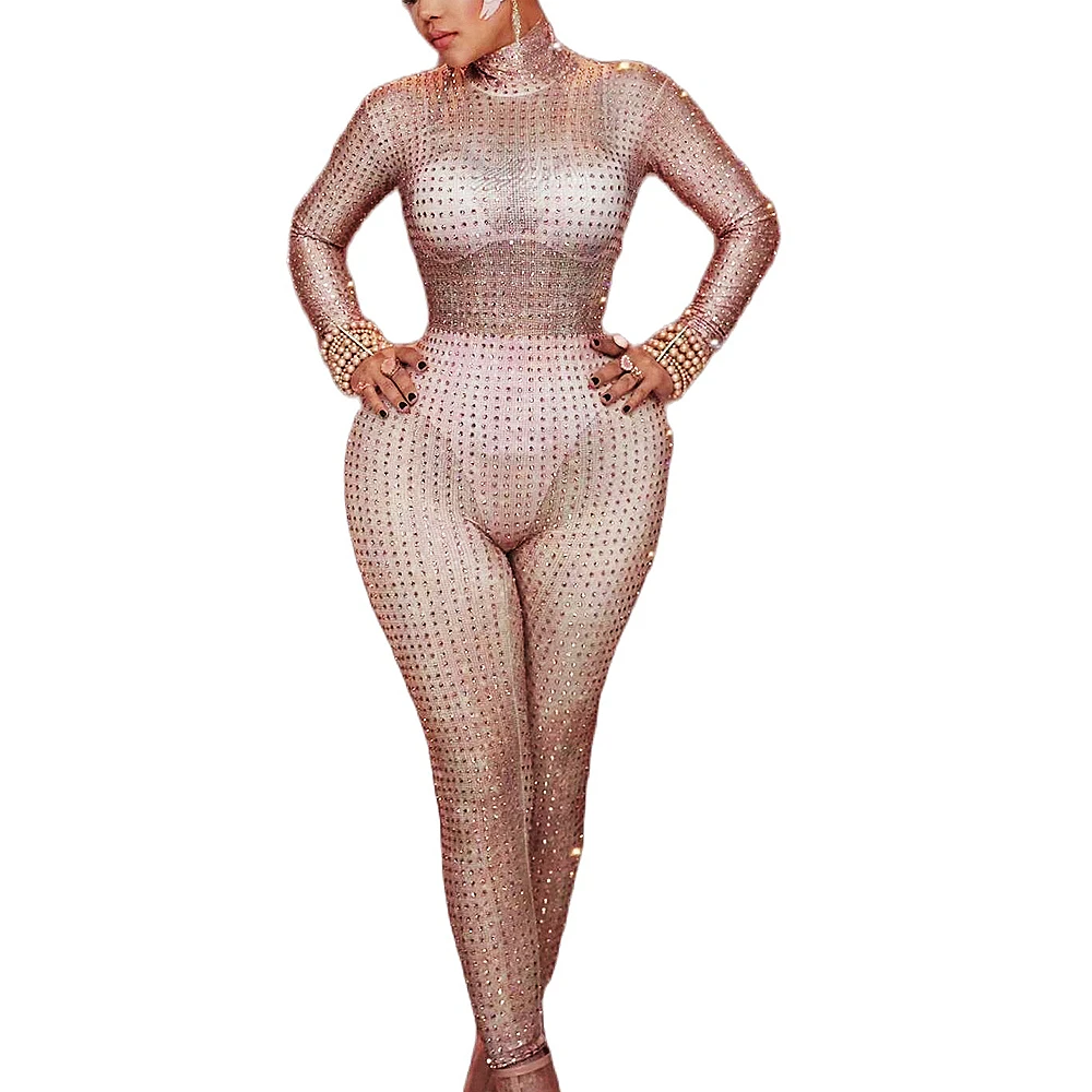 

Shining Studded Long Sleeve Women Jumpsuits Drag Queen Outfit Stretch Mesh Perspective Bodysuits One-Piece Dance Stage Wear