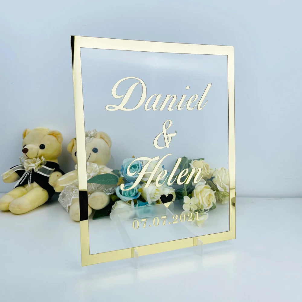 Custom Wedding Sign Name Date Acrylic Gold Mirror Frame Word Sign Personalized Welcome Word Sign Party Decor With Favor Gift