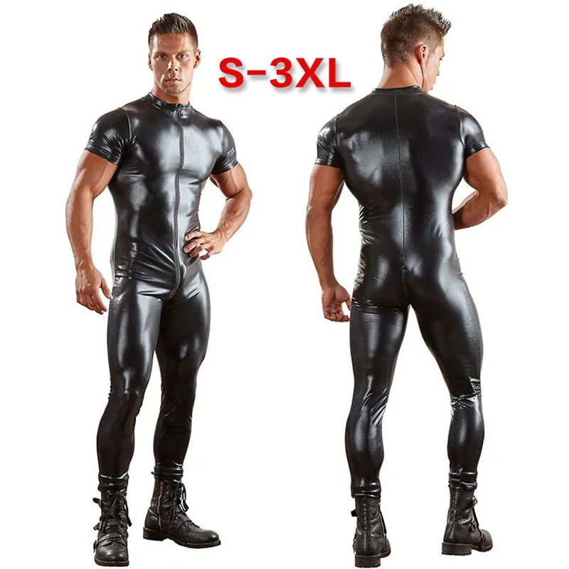 New Latex Catsuit Faux Leather Man Jumpsuits Black Stretch Mesh Bodysuits Sexy Clubwear Men Open Crotch Vinyl Lingerie