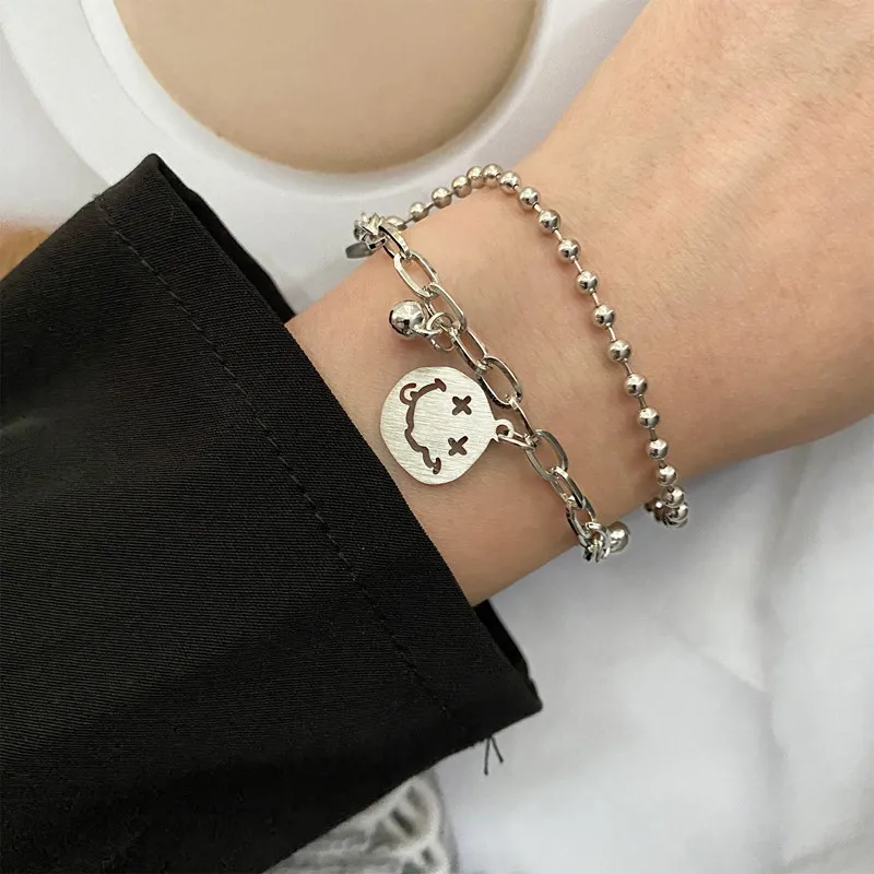 Punk Gothic Harajuk Double-layer Chain Bracelet Smiley Face Aesthetic Egirl Female Personality Grunge Alt Jewelry Accessories