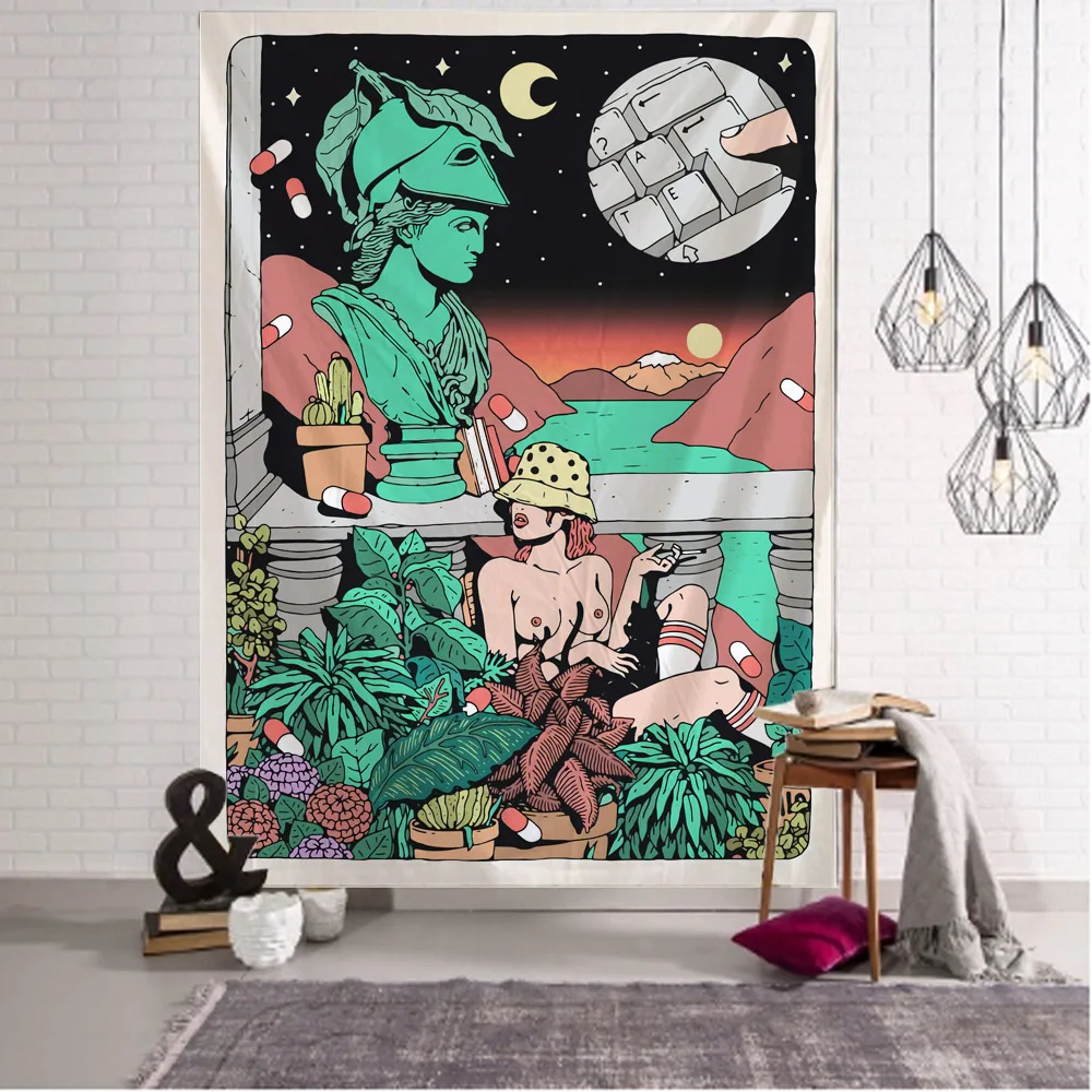 الشمال فتاة الموضة نسيج آرت ديكو بطانية معلقة غرفة نوم غرفة المعيشة الديكور غامض ماندالا البوهيمي القمر فتاة