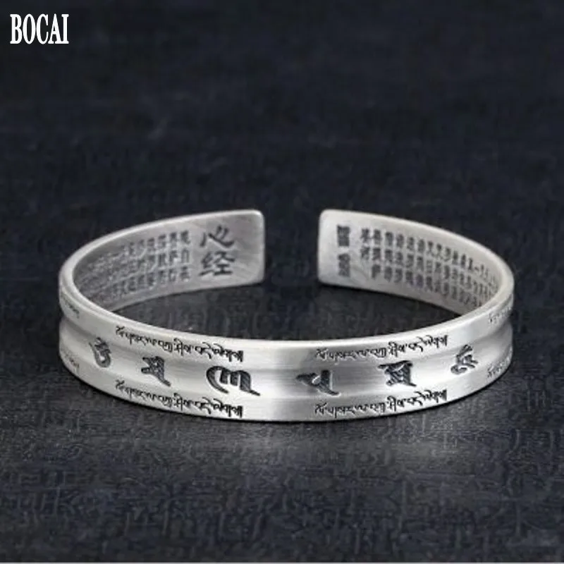 

New Real S999 pure Silver Solid simple open bracelet for men and women couples retro heart Sutra silver six-word motto bracelet