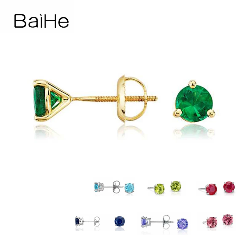 BAIHE Solid 14K Yellow Gold Tsavorite/Tanzania/Ruby/Sapphire/Amethyst/Tourmaline/Blue topaz/Peridot Gem Stud Earrings Women Man