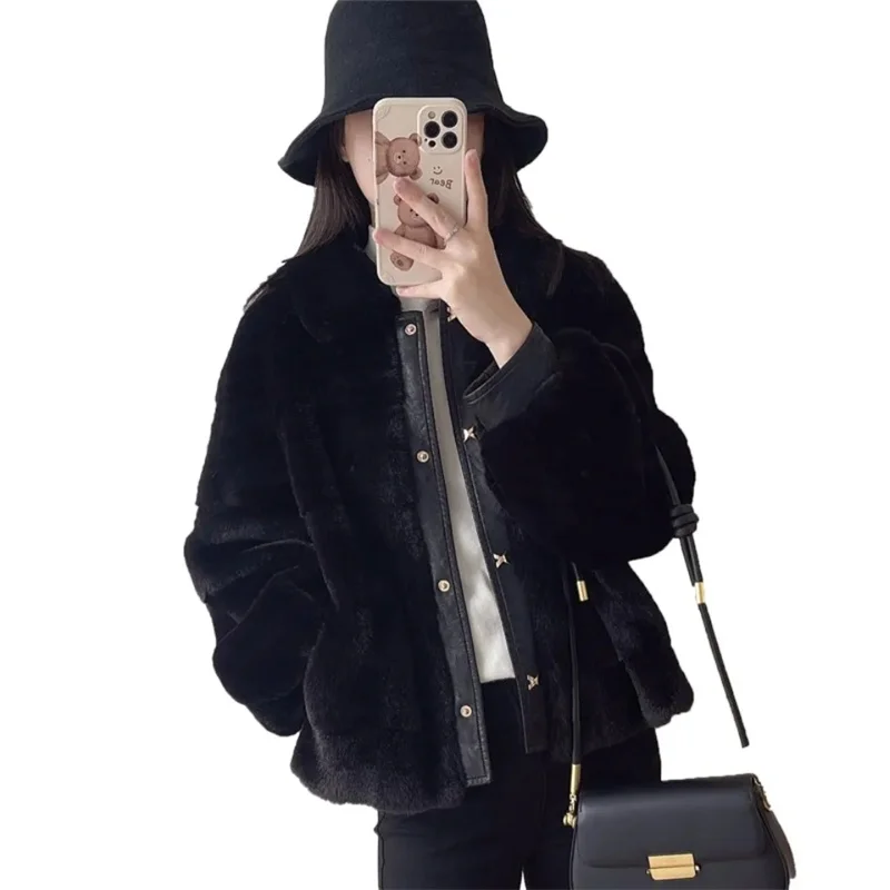 Korean Danish Mink Short Coat All-Match Women\'s Faux Fur Jacket High-End Fashion Mother\'s Clothes Splicing Wool Jacket Black Q8