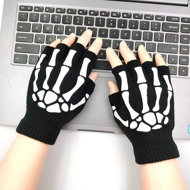 Warm Knitted Gloves Women Emo Half Finger Glove Skull Cycling Gloves Grunge Accessories Gothic Aesthetic Punk Rock Mittens Men