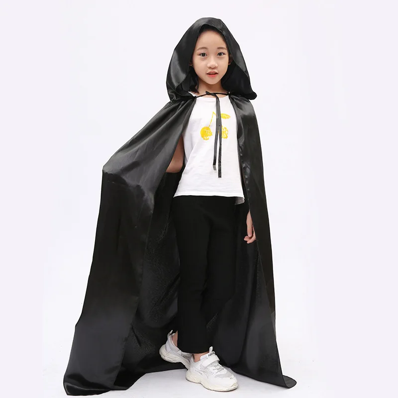 Fantasia infantil de vampiros, de cetim, para festa de halloween, bruxa, com capuz, capa com manto assustador, de bruxa, diabo, traje de personagem para mulheres, 150cm