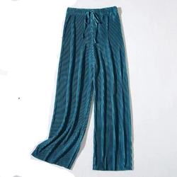 Women's Pleated Loose Ice Silk Korean Casual Cropped Pants Wide Leg Trouse Lady Girl Classic Sports Wear Girls Clothes Black Top