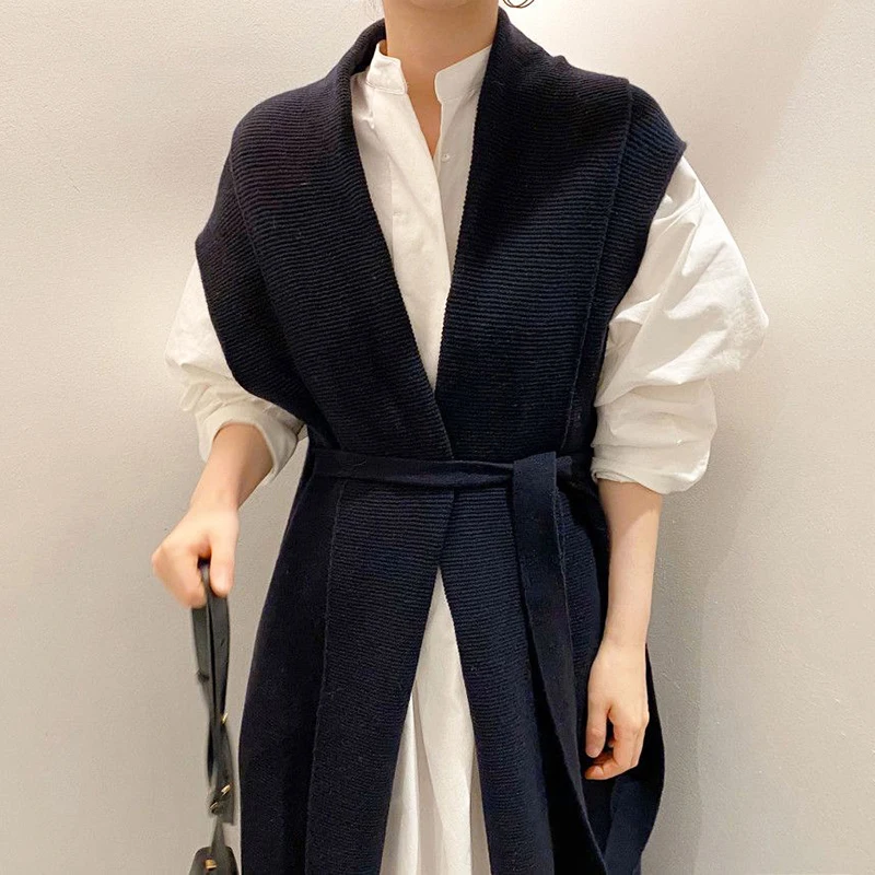 

Women Sleeveless Sweater Vest Korean Loose Puff Sleeve Shirt Dress + V-neck Tie Waist Long Knitted Vest Two-piece Clothing