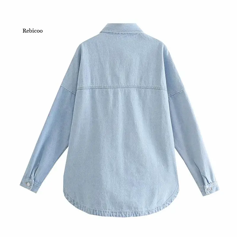 Women\'s Denim Jackets Oversize Shirt Coat With Pocket long Sleeve Pink button Top Fashion Chic Shirt Woman Jacket Autumn