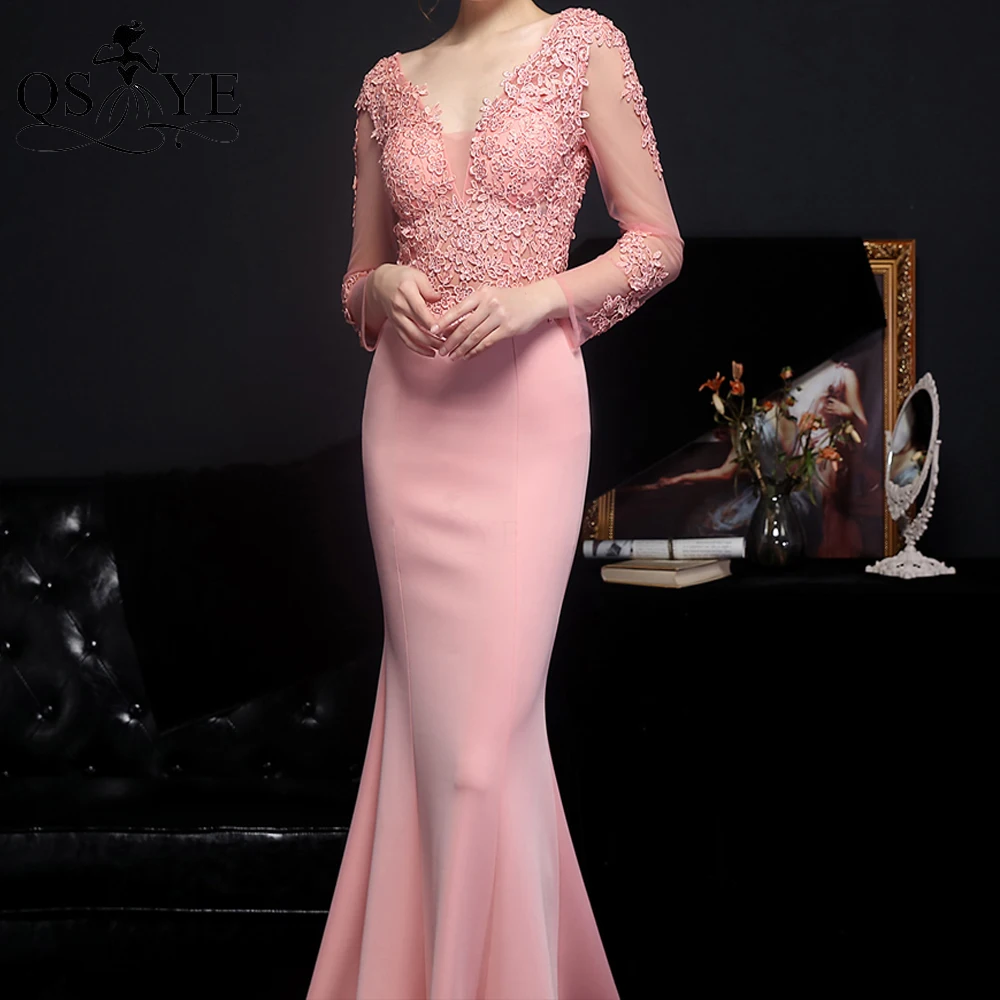 Long Sleeves Pink Prom Dresses Stretch Mermaid Women Gown Sequined Appliques Formal Party Dress V Neck Hot Drill Evening Dress