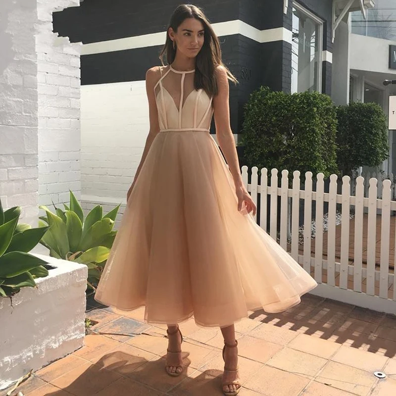 Elegant Champagne Length Cocktail Ruffles A Line Prom Formal Dresses Abendkleider вечерние платья robe de soirée de mariage