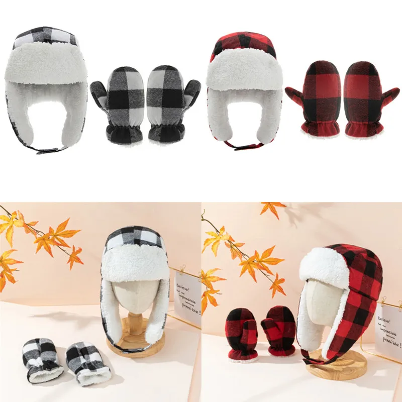 KLV New Winter Warm Baby Hat Plush Cotton Plaid Ear Flap Hat Gloves Set Kids Unisex Lei Feng Cap Beanie Cap for 6M-4Y Children