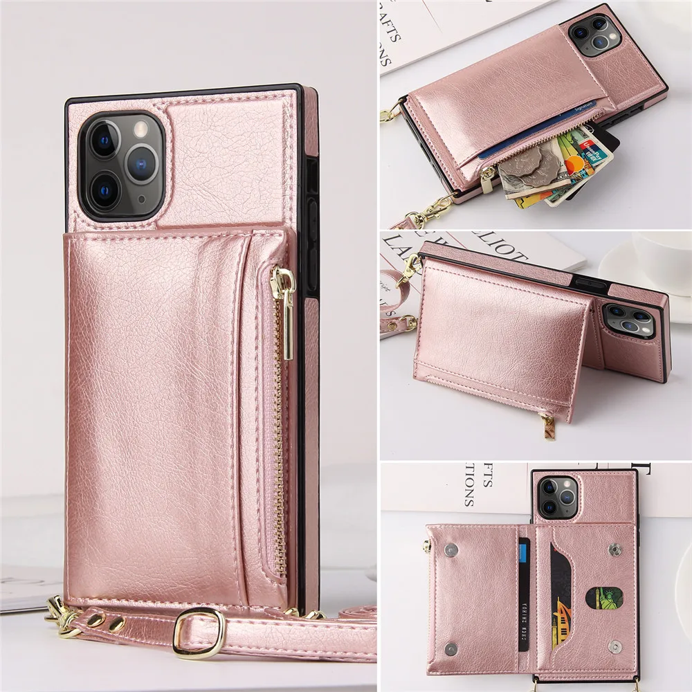 Zipper Leather Crossbody Case For iPhone 17 16 15 14 13 11 Pro MAX XS XR X 7 Plus 12 Cover With Long Strap Card Holders Wallet