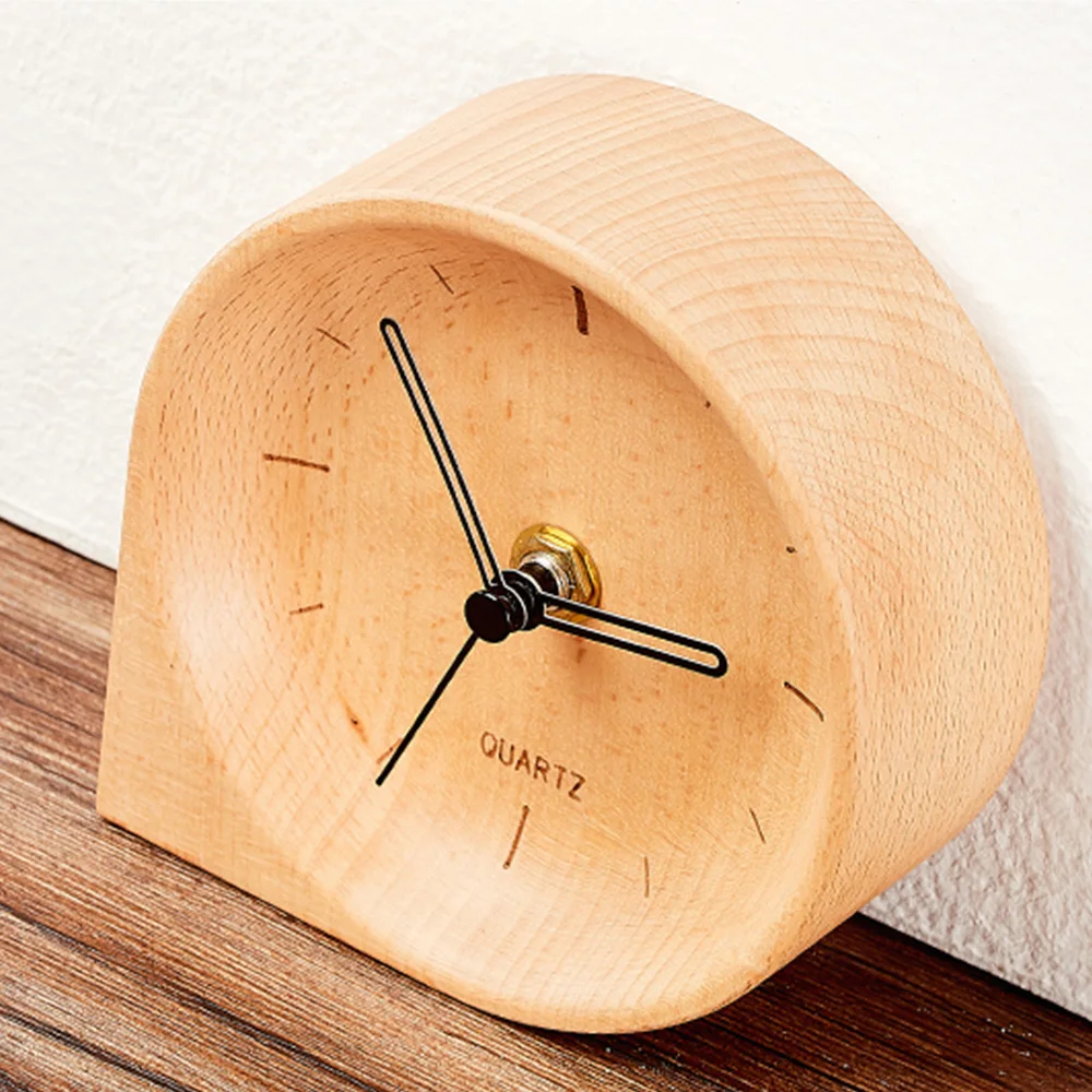 Solid Wood Mini Round Mute Desk Clock Needle Alarm Clocks Living Bedroom Desktop Ornament Crafts Nordic Decoration Bedside Watch