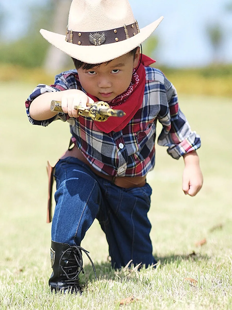 Chapeau de cowboy western à large bord en feutre de laine pour enfant, casquette melon, bande de cuir à deux pistolets, casquette sombrero, rétro,