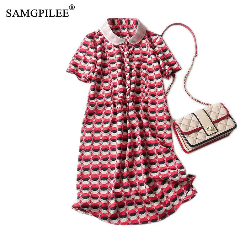 

Women Clothing Summer 2022 Office Lady A-line Print Dress Knee-length Empire Peter Pan Collar Summer Dress For Women