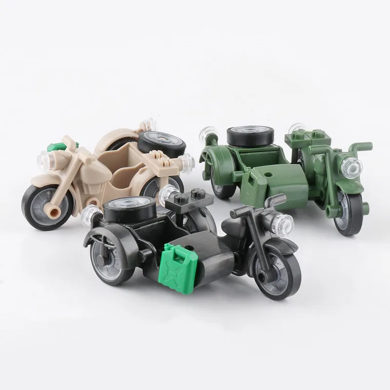 WW2 Military Three-wheeled Motorcycle Building Block Soldier Figure Traffic Vehicle Car Educational Toy Model Bricks Parts C306