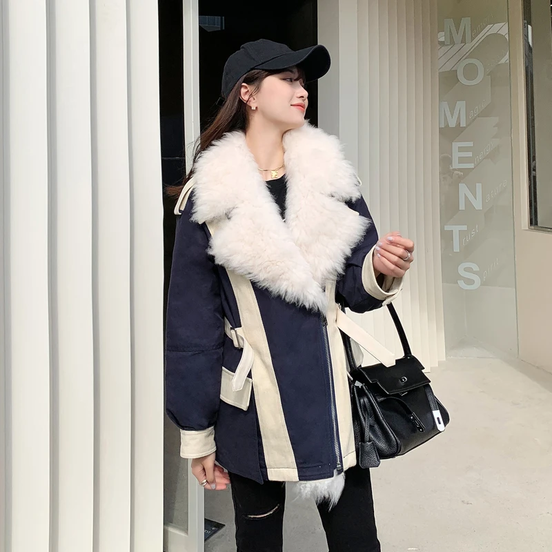 

Lamb Wool Splicing Down Jacket Women Mid-length 2024 New Winter 90% Duck Down Fur Coat Woman Down Parker