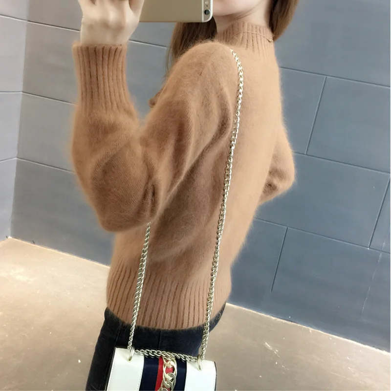 Super Warm Fluffy Mink Cashmere Soft Sweaters Women Half High Neck Pullovers 2023 Fall Winter Jumper Female Bottoming Sweater