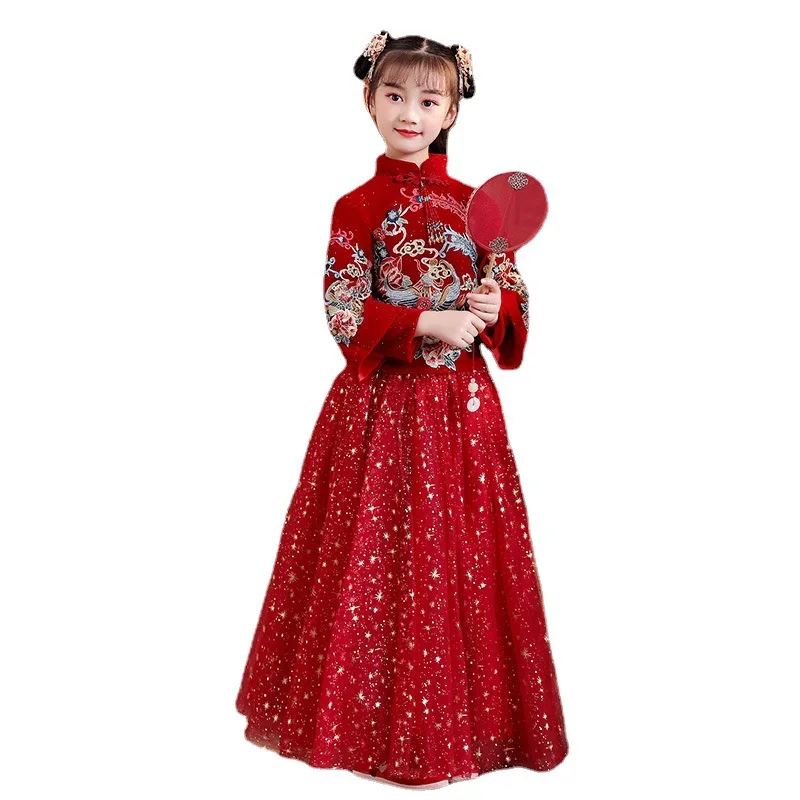 Robe de nouvel an chinois pour enfants, jolie ancienne Hanfu brodée pour filles, costume Tang traditionnel épais et matelassé