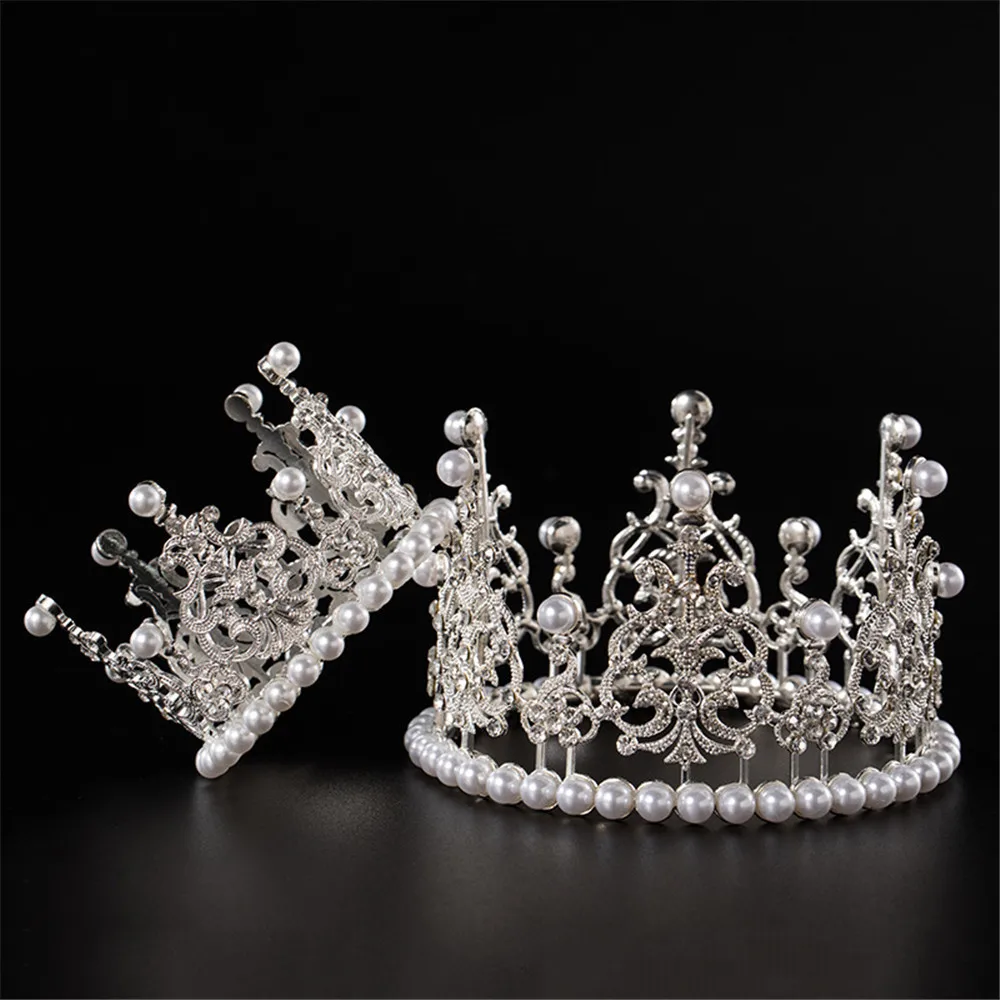 Metal Crown Tiara Cake Decoration Rhinestone Pearl DIY Baking Cake Topper Decoration Gender Reveal Party Princess Prince Crown