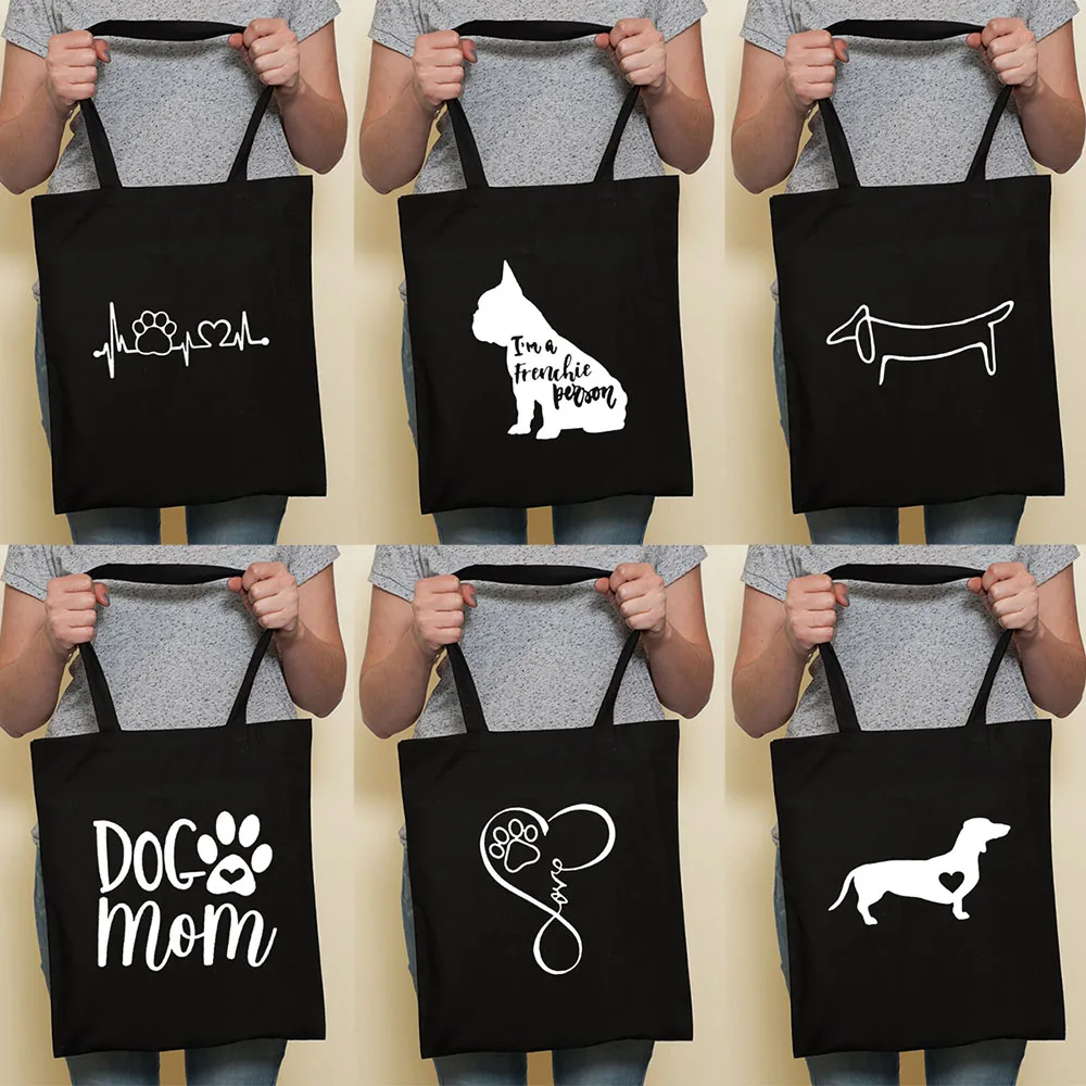 

Cute Dog Harajuku Fashion Shopping Black Bags Canvas Tote Bag Bulldog Mom Dachshund Reusable Cloth Bag Handbag Shoulder Bags