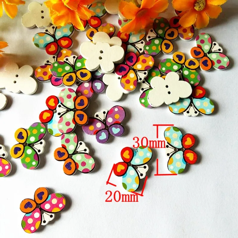 50 pcs/lot Mixed Butterfly Buttons Decorative Button Baby Shower Sewing Accessories Crafts wooden buttons  30x20mm