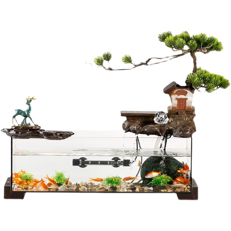 Transparent Glass Fish Tank Large Fish Globe Living Room Office Desk Surface Panel Fountain Landscape Flowing Water Ornaments