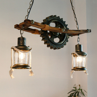 American Light Design Vintage Chandelier Retro Cafe Bar Restaurant Wooden Loft Pendant Lamp Gear Industrial Hanging Glass Light