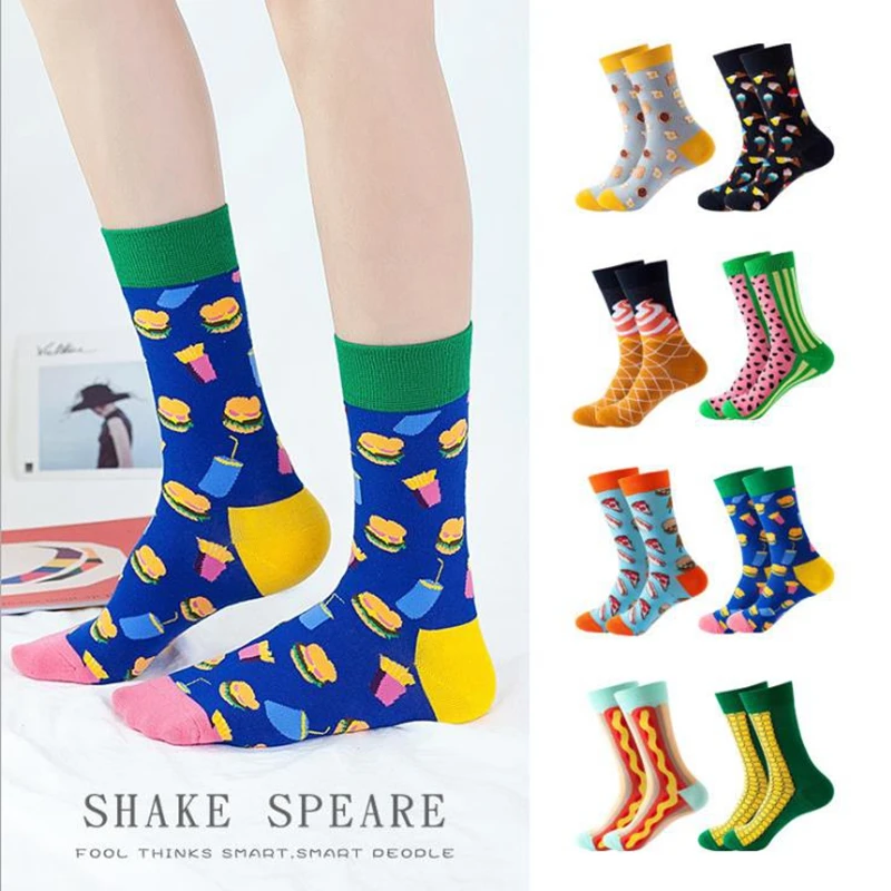 Occident Casual Women Socks Unisex Funny Cartoon Hotdog Egg Tart Ice Cream Hamburger Coke Fries Corn Pattern Colorful Happy Sox