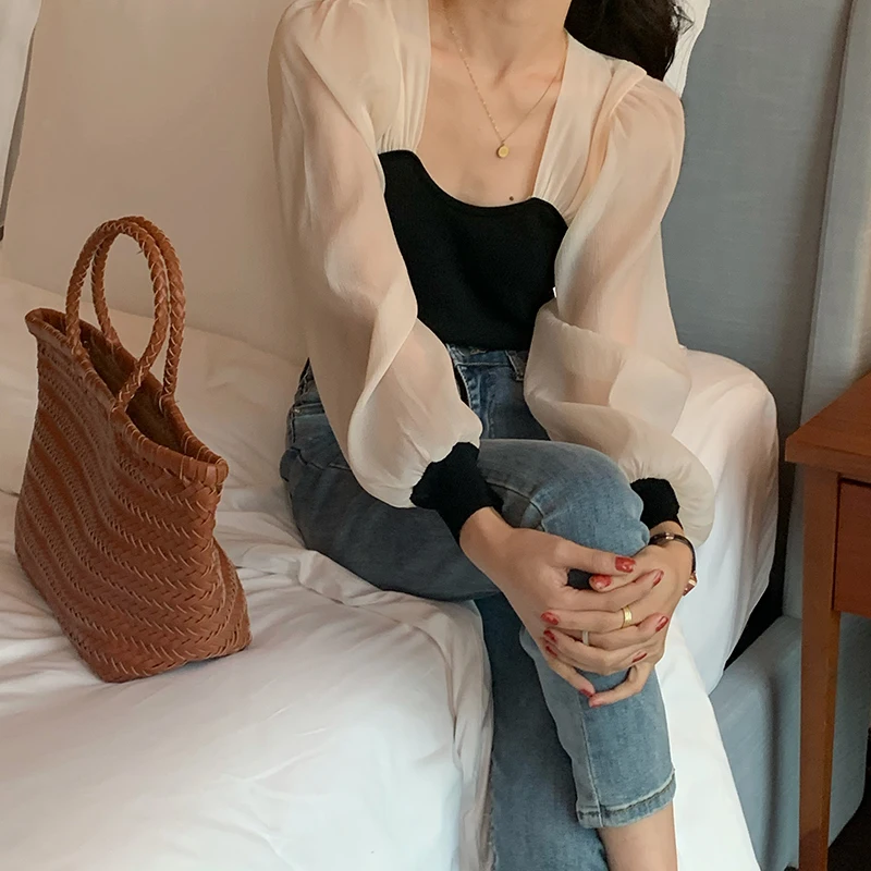 Y2k Blouses Women Chiffon Patchwork Design Female Summer Sweet Breathable Long Sleeve Blouses Solid Slim Elegant Korea Chic Tops