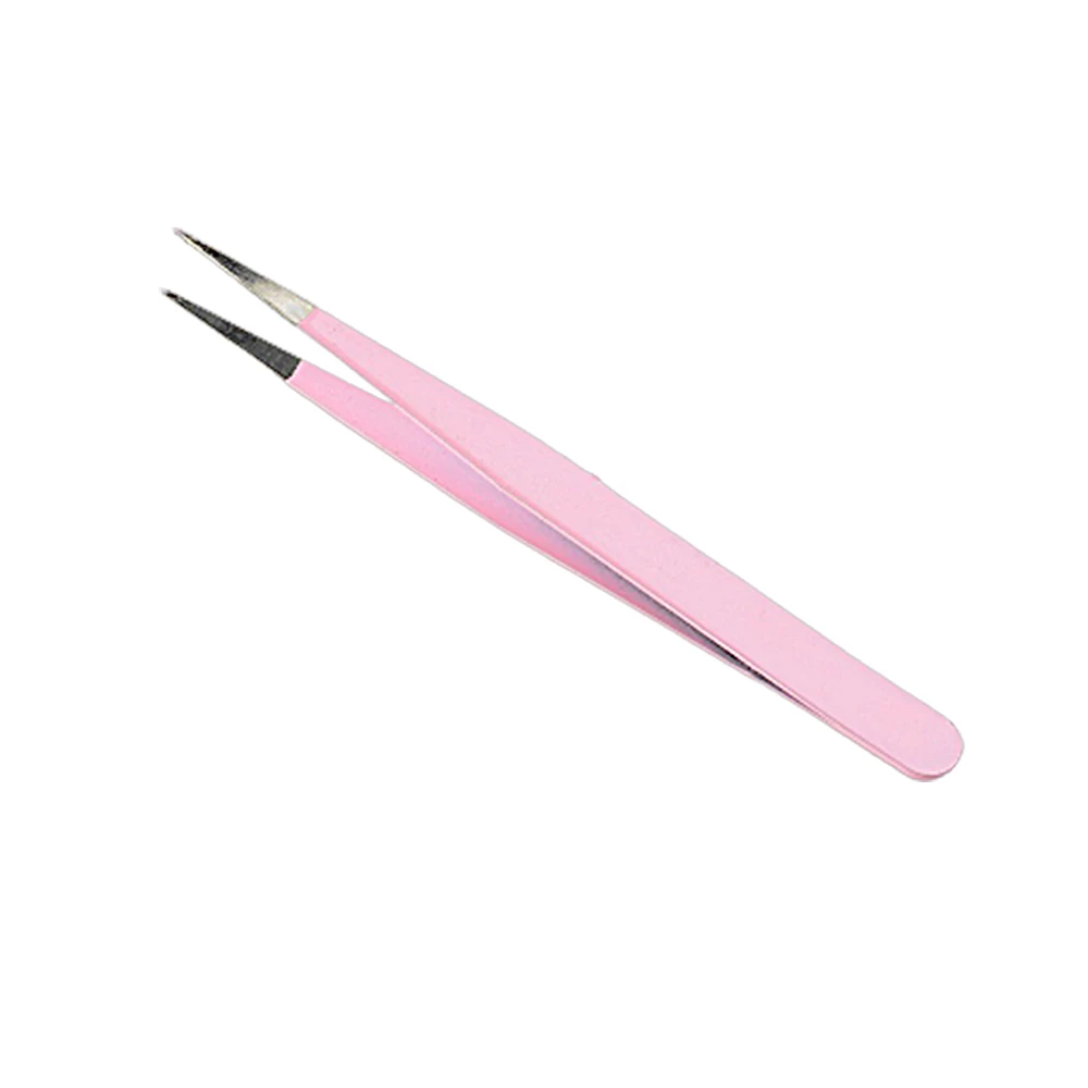 Stainless Steel Pink Straight + Bend Tweezer For Eyelash Extensions Nail Art Nippers Eyebrow Hair Remover Clip