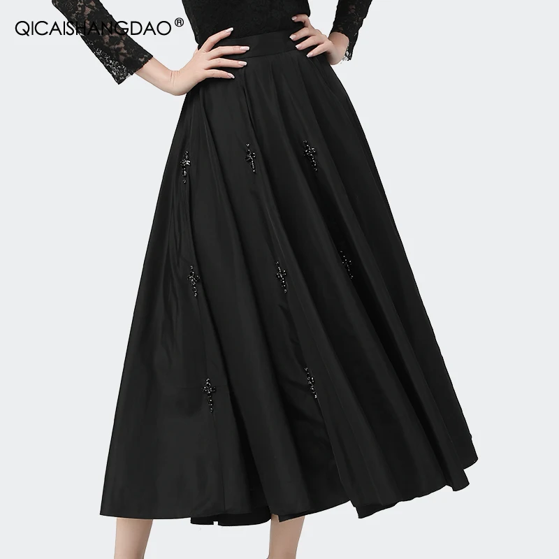 

Fashion Beaded High Waist A-Line Skirts Women European Style Temperament Ankle-Length Pleated Long Skirt Elegant 2020 Autumn New