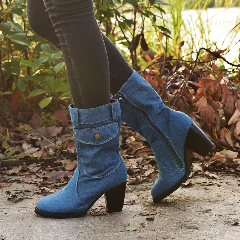 Autumn Winter Women Boots Denim Women Pointed Toe Cowboy Style High Heels Shoes Knee High Boots 2020