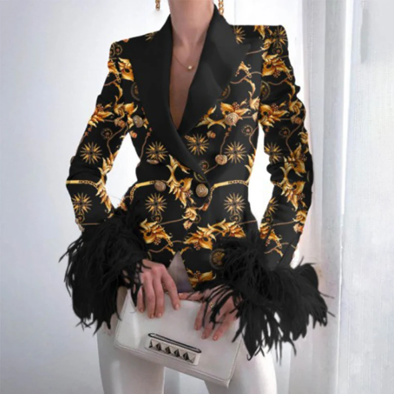 Elegant Turn-down Collar Lady Suit Tops Casual Feather Patchwork Long Sleeve Coat Women Fashion Double-Breasted Jacket Outerwear