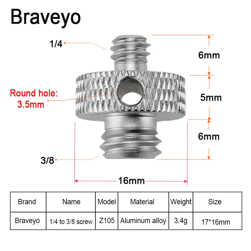 Dslr Camera Conversion Screw 1/4 to 3/8 Inch Screw Gopro Photographic Equipment Accessories for Ballhead Tripod Monopod