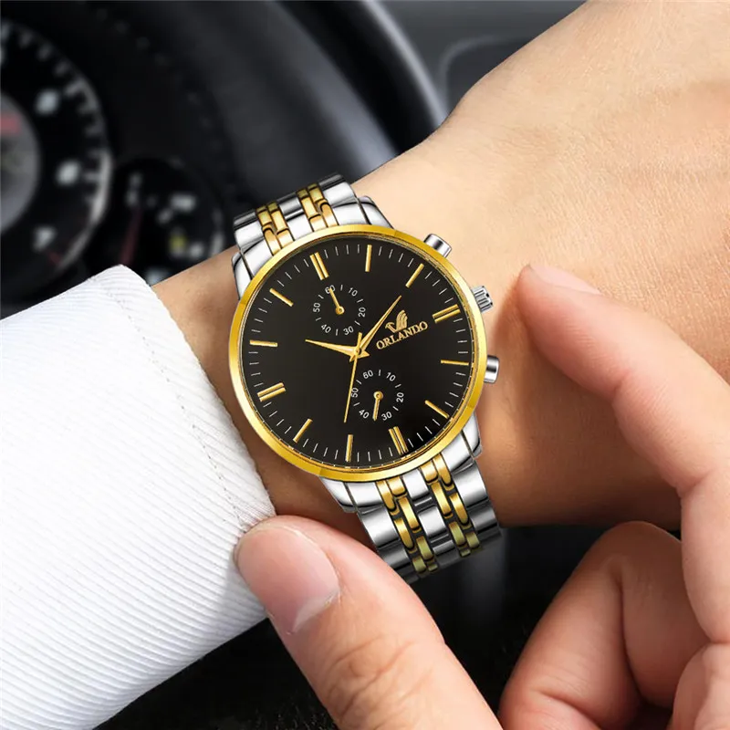 Mens Gold Watches ORLANDO Fashion Quartz Watch Silver Gold Stainless Steel Mens Watches Clock Men Dress Watch Men Business Watch