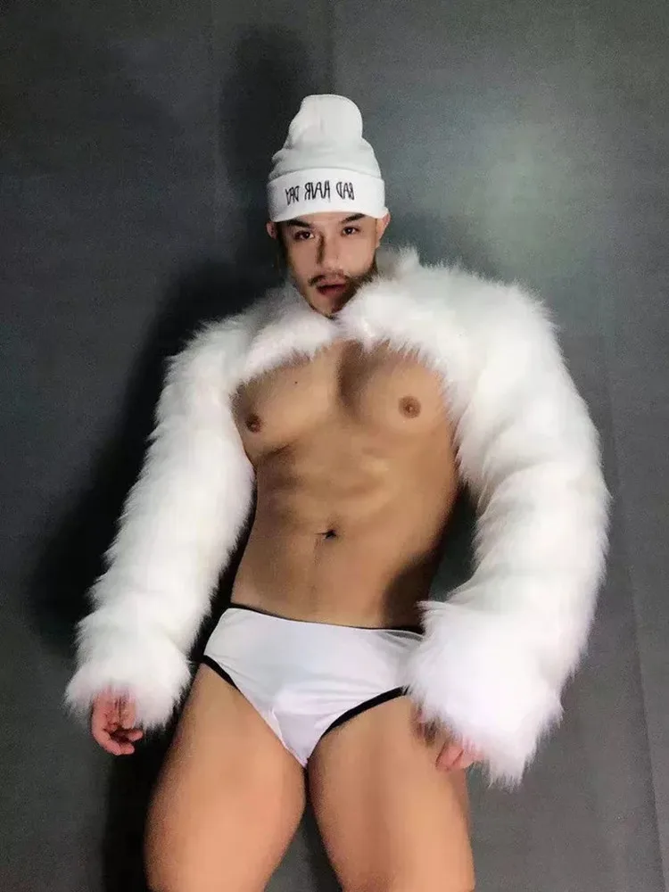 Männer Faux Pelz Tops Shorts Sexy Nachtclub Rave Outfit DJ Gogo Tänzerin Bühne Tragen Karneval Club Festival Party Leistung Kostüm