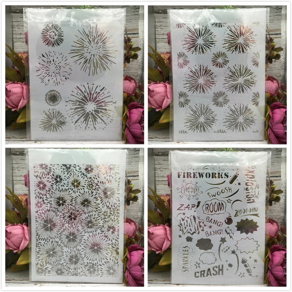 4Pcs A4 29cm Firework Festival Words DIY Layering Stencils Wall Painting Scrapbook Coloring Embossing Album Decorative Template