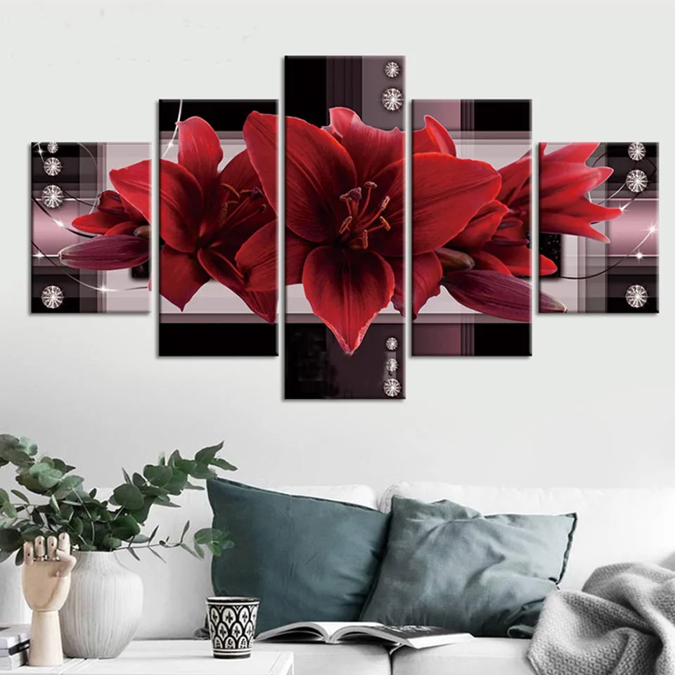 Multi panel Red lily 5 piece diy diamond painting rhinestone full square round drill diamond embroidery Flowers wall decor,F10