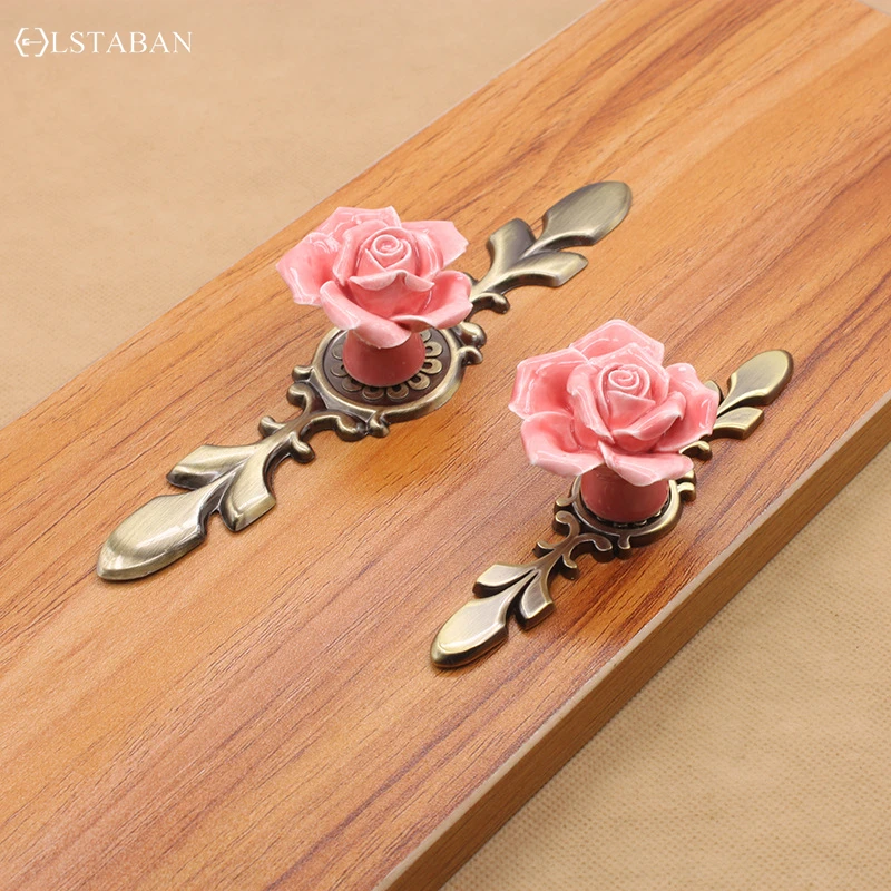 European Style Ceramic Cabinet Handle Single Hole Kitchen Cabinet Knob Antique Copper Rose Flower Cupboard Wardrobe Drawer Pull