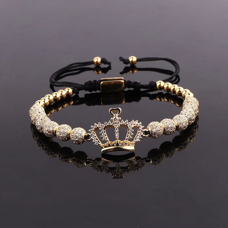 New Design Luxury Crown Jewelry Gold Plated CZ Pave Charm Beaded Macrame Bracelet Set Male